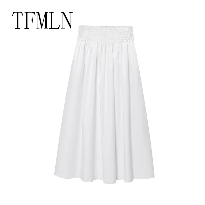 TFMLN تنورة نسائية أنيقة مطابقة تنورة بيضاء أنيقة للسيدات تنورة جيوب غير رسمية للفتيات الجميلات بخصر مطاطي تنورة متوسطة الطول