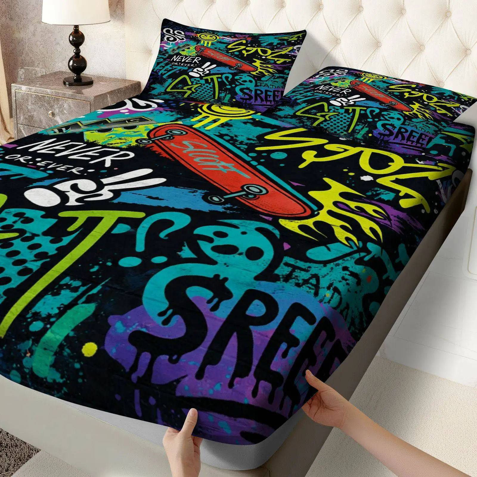 3-Piece Mattress Protector Set, 2D Flat Printed Bed Sheet, Home Bedroom Decoration, Holiday-Themed Bed Sheet and Pillowcase, Mattress Protector, Stain-Resistant, Graffiti Skateboard Style Bed Sheet, Three-Piece Urban Street Art Theme, Colorful Youthful Bedding, Mattress Protector
