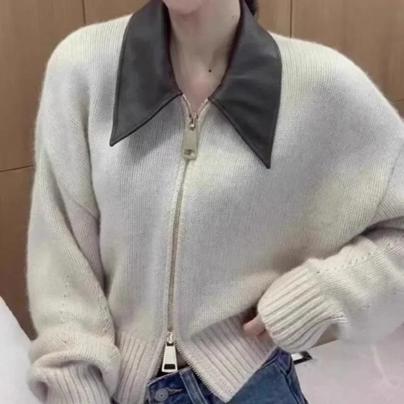

European and American High-end Polo Collar Fur Spliced Zipper Short Jacket for Women