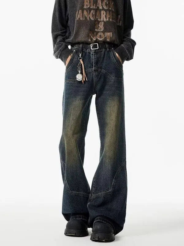 

Мужские весенние джинсы свободного кроя с легким клешем, с эффектом потертости, в стиле пэчворк, повседневные широкие брюки, длинные джинсовые штаны в американском стиле