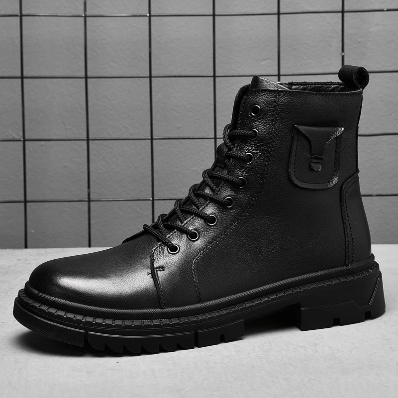 

Punk Style Genuine Leather Motorcycle Boots High Top For Mens Casual Shoes Versatile Classics Ankle Boots Warm Winter Footwear