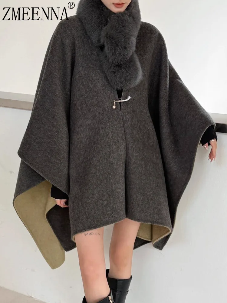 

ZMEENNA Womens Fashion Dark Grey Wool Blend Cape Coat Fur Collar Short Poncho Jacket Elegant Winter Outerwear ZM4677