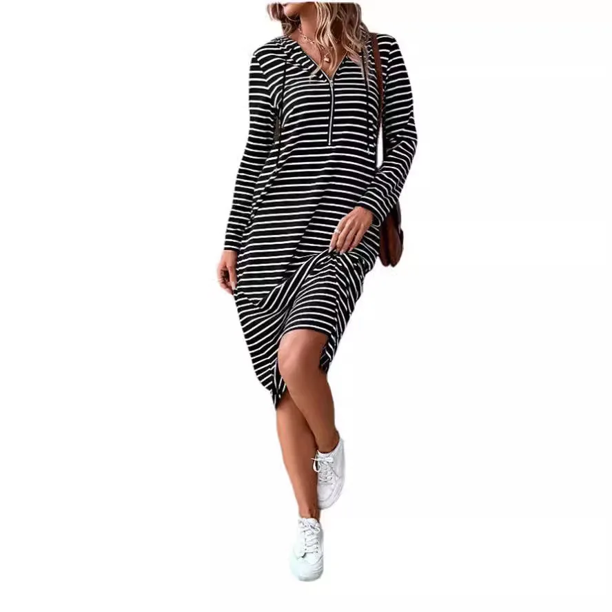 Damska sukienka z długim rękawem, dekoltem w serek, w paski, wyszczuplająca, modna, z kapturem, na lato 2025.