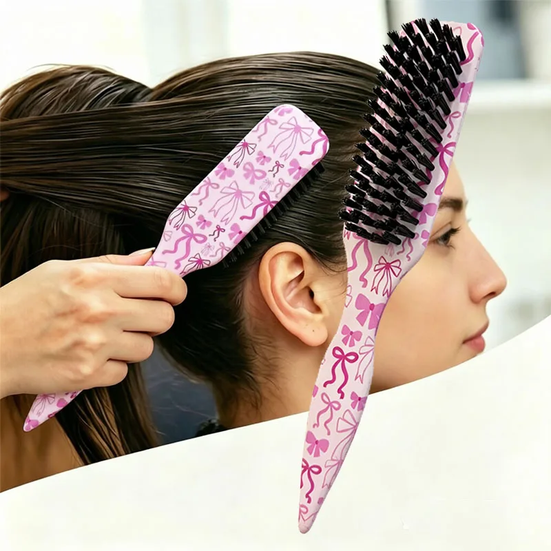 1pc Slick Back Hair Brush，Pink Bow Pattern ,Smoothing Brush for Smooth Flyaways, Frizz, Sleek Ponytail, Buns and Edge Hair Contr