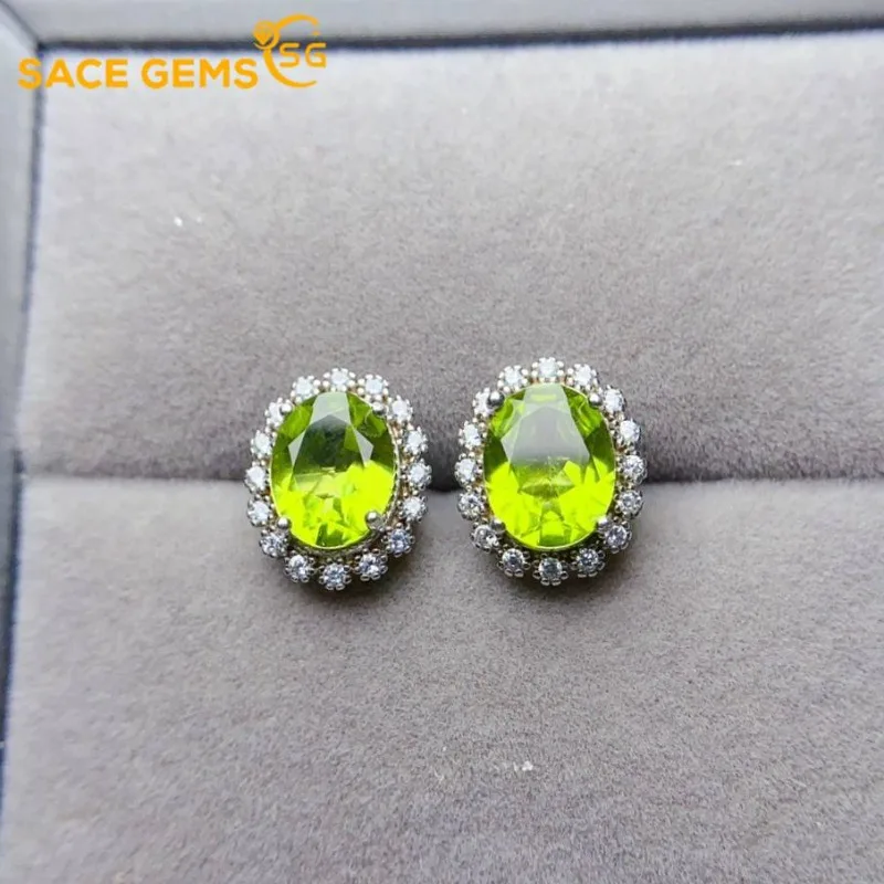

SACE GEMS Fashion Jewelry Earrings for Women 925 Sterling Silver 7*9MM Natual Peridot Stud Earrings Wedding Party Fine Jewelry