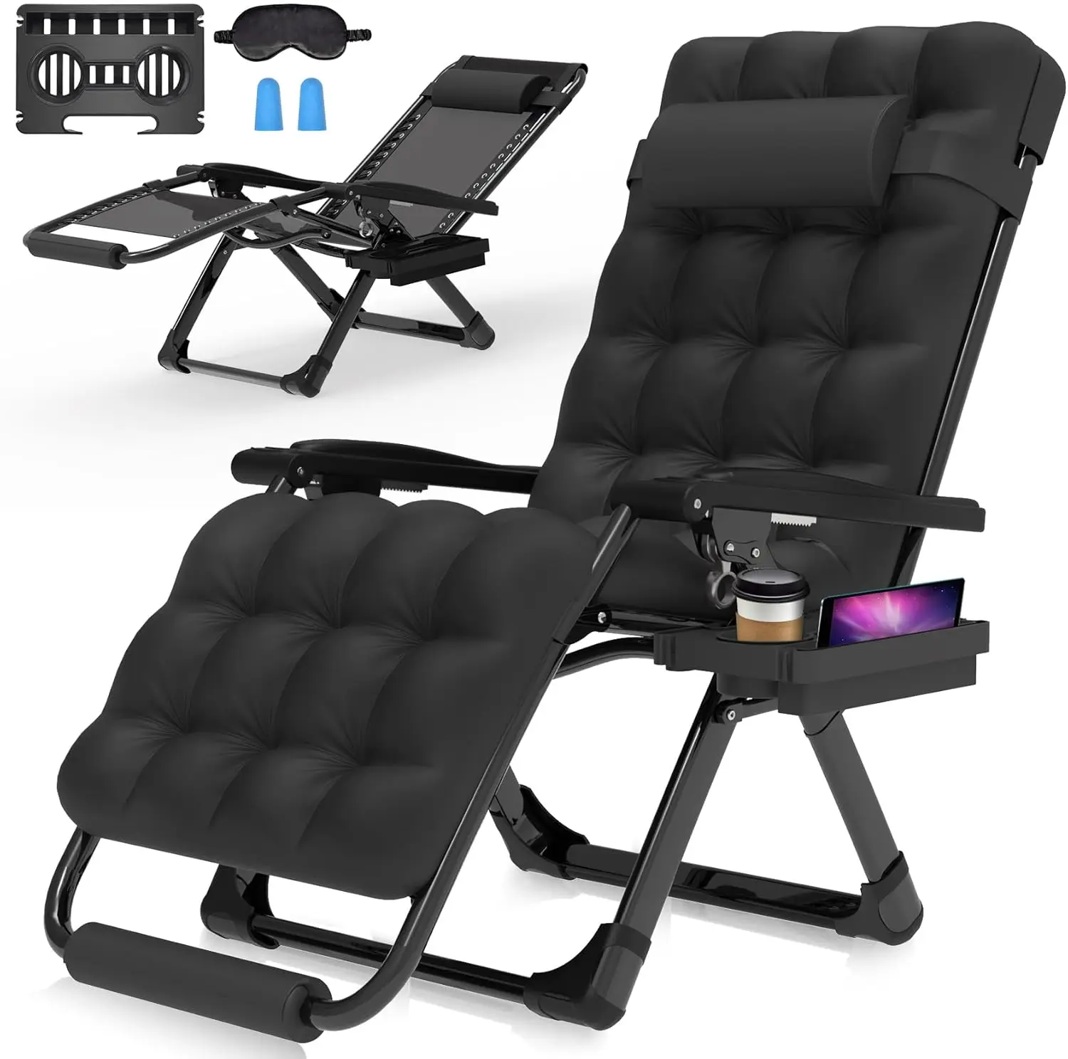 

26In Lounge Chair w/Removable Cushion & Headrest, Reclining Camping Chair w/Upgraded Lock, Large Cup Holder and Footrest