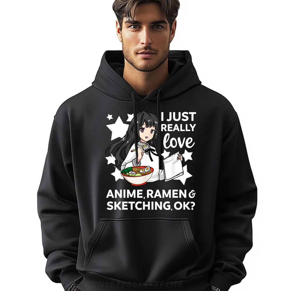 I Just Really Love Ramen and Sketching OK Blue And White Graphic Sweatshirts ECO-FRIENDLY High Quality Men's Hoodie Group