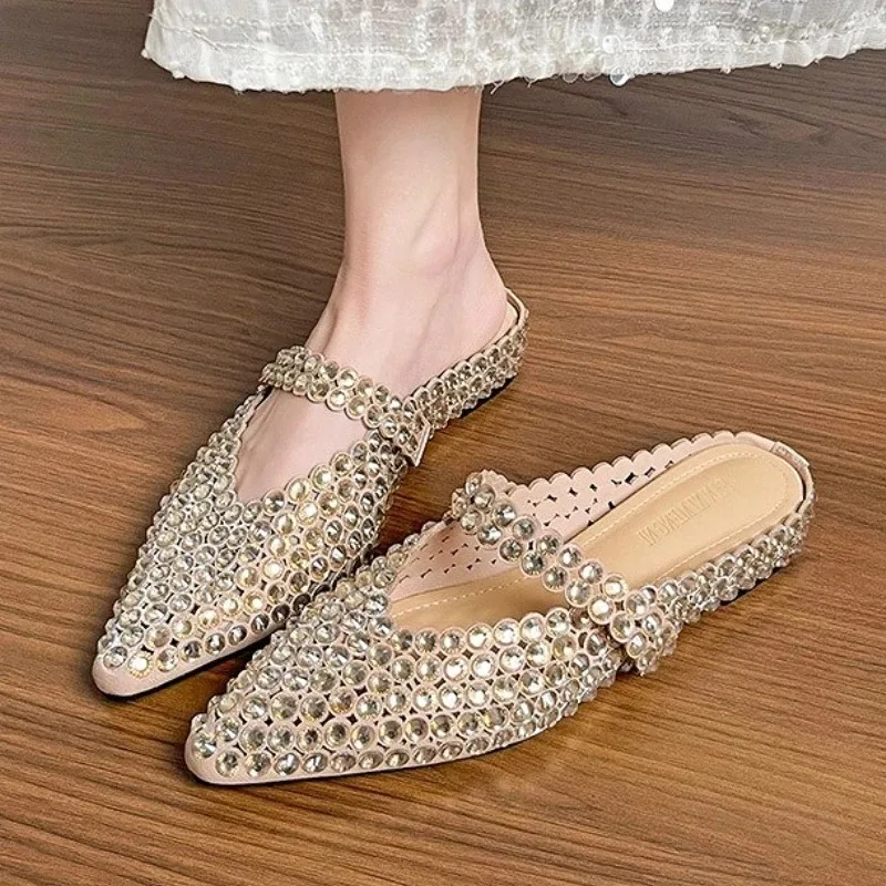 

Fashion Designer Womens Shoes Luxury Rhinestone Mueller Slippers for Woman Exquisite Pointed Tip Flat Casual Shoes Zapatos Mujer