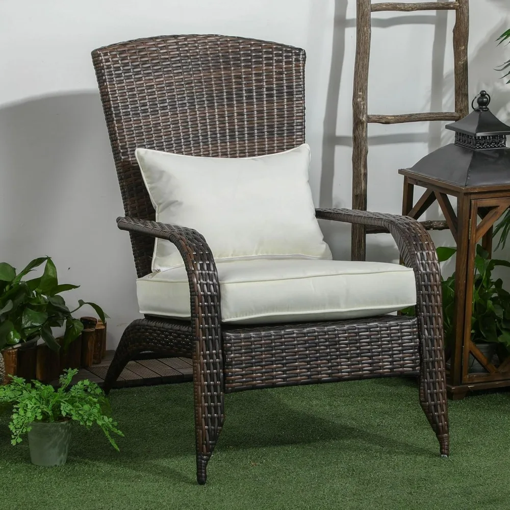 Outdoor chairs made of rattan and willow on the terrace, with soft cushions, tall curved backrests, and comfortable armrests