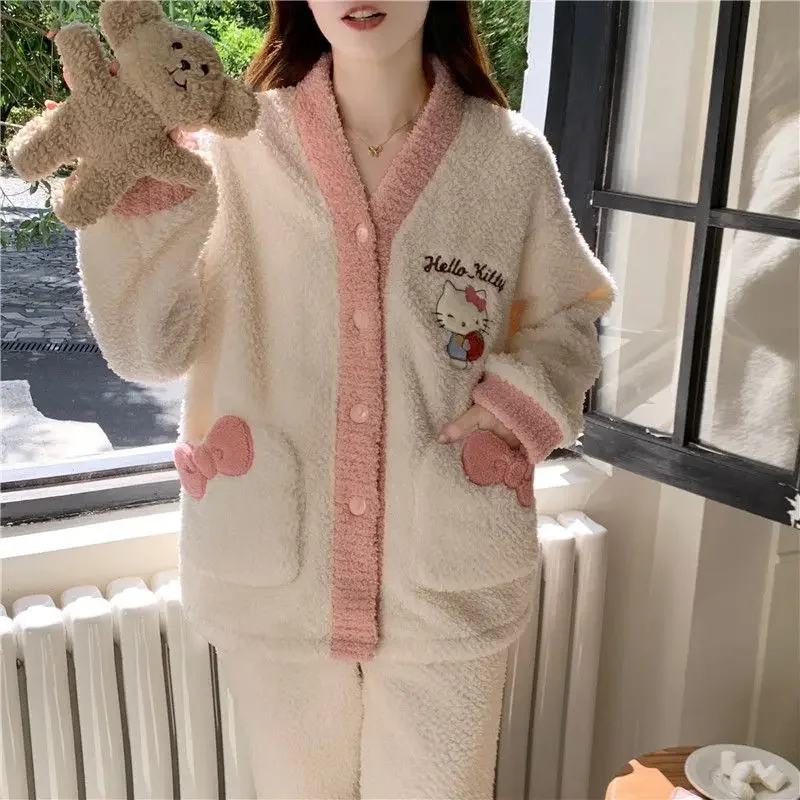 

Hello Kitty Polar Fleece Lounge Set Women Two Piece Outfit Long Sleeve Cardigan Comfortable Home Wear Cozy Loungewear