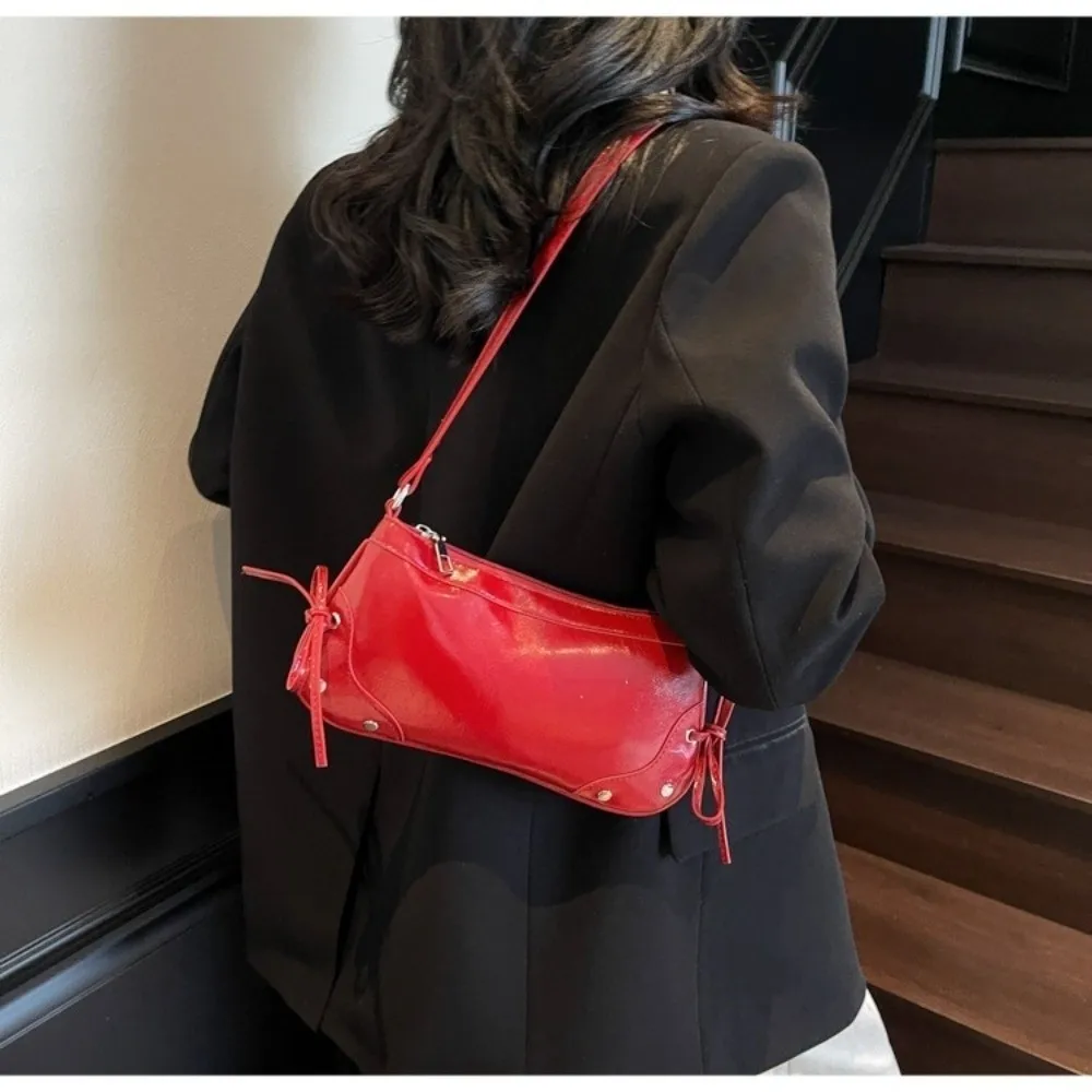 New PU Leather Shoulder Bag Solid Color Bow Tie Decor Armpit Bag Y2K Handbag Women Girls view 2