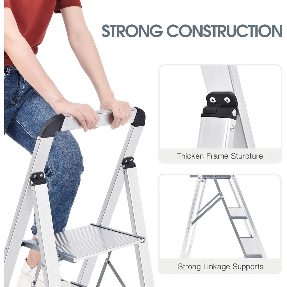 Aluminium 3-traps ladder, lichtgewicht opstapkruk met antislippedalen, leuning, 330 LBS opvouwbare opstapladder voor keuken