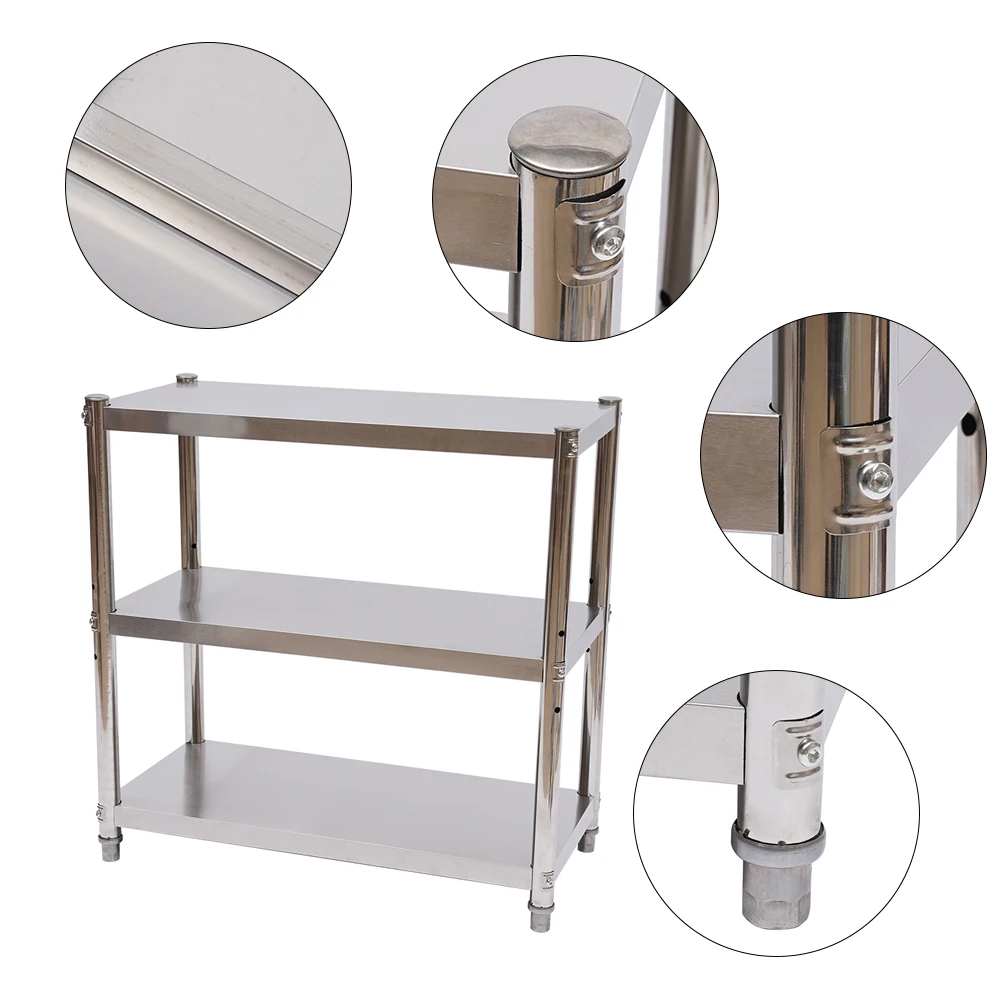 3 Floors Kitchen Shelf Stainless Steel Gastro Shelf Heavy Duty Shelf 80x80x40cm Garage Shelf Metal with 50kg Load Capacity