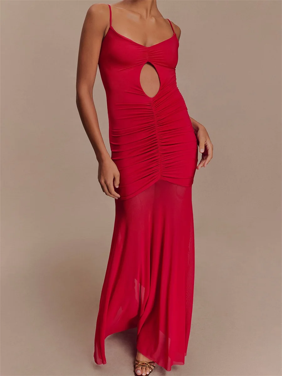 Elegant Sleeveless Maxi Dress with Ruched Detailing and Cutout Front Spaghetti Strap Backless Design for Women