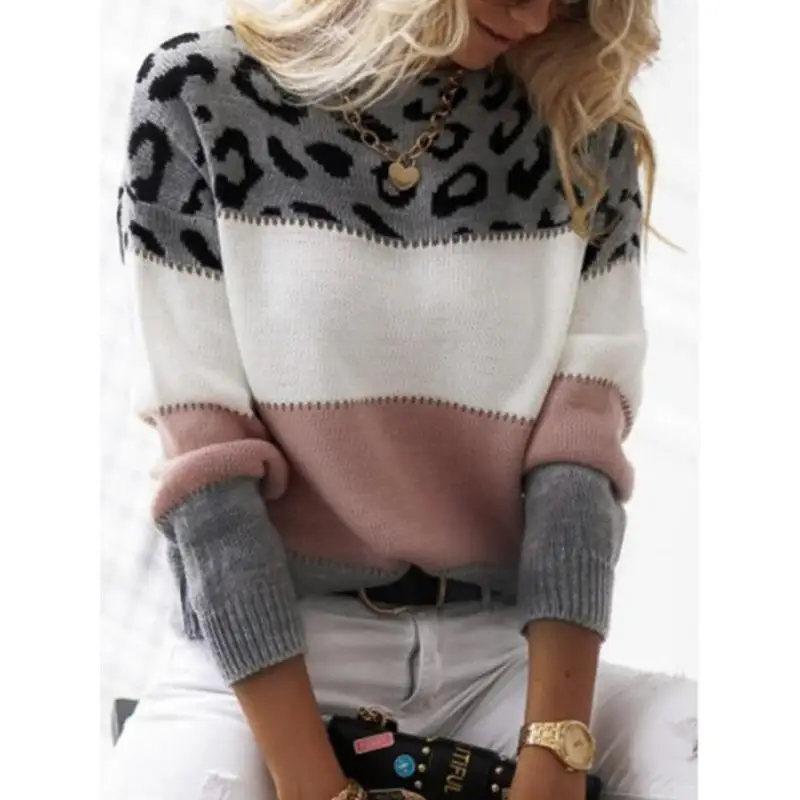 Autumn and winter leopard print contrasting pullover knitted sweater