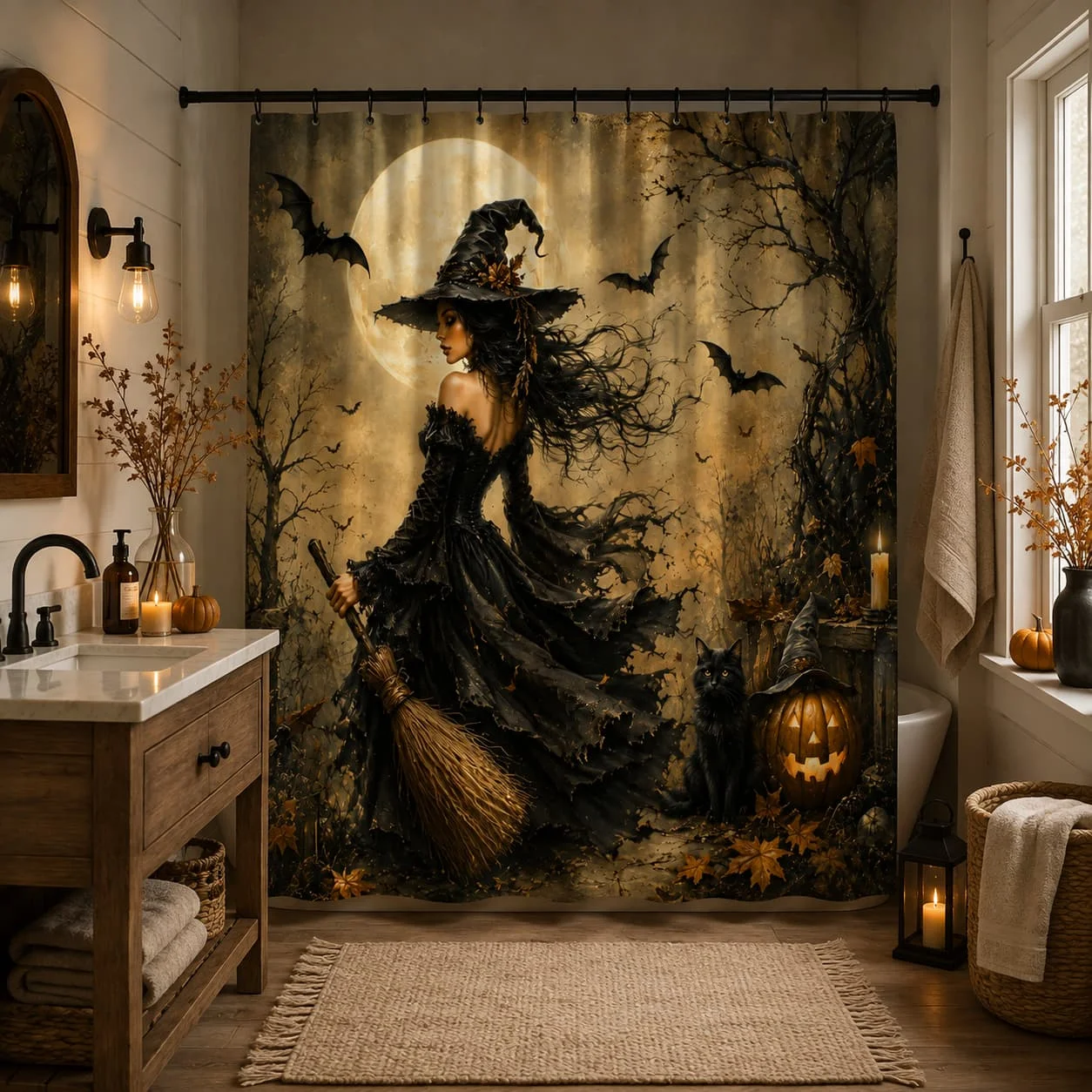 1pc Halloween Witch Themed Shower Curtain Black Cat Broomstick Moonlight And Bats Spooky Bathroom Decor Polyester Fabric Bath Hanging Curtain 70.8X70.8 Inch with Hooks