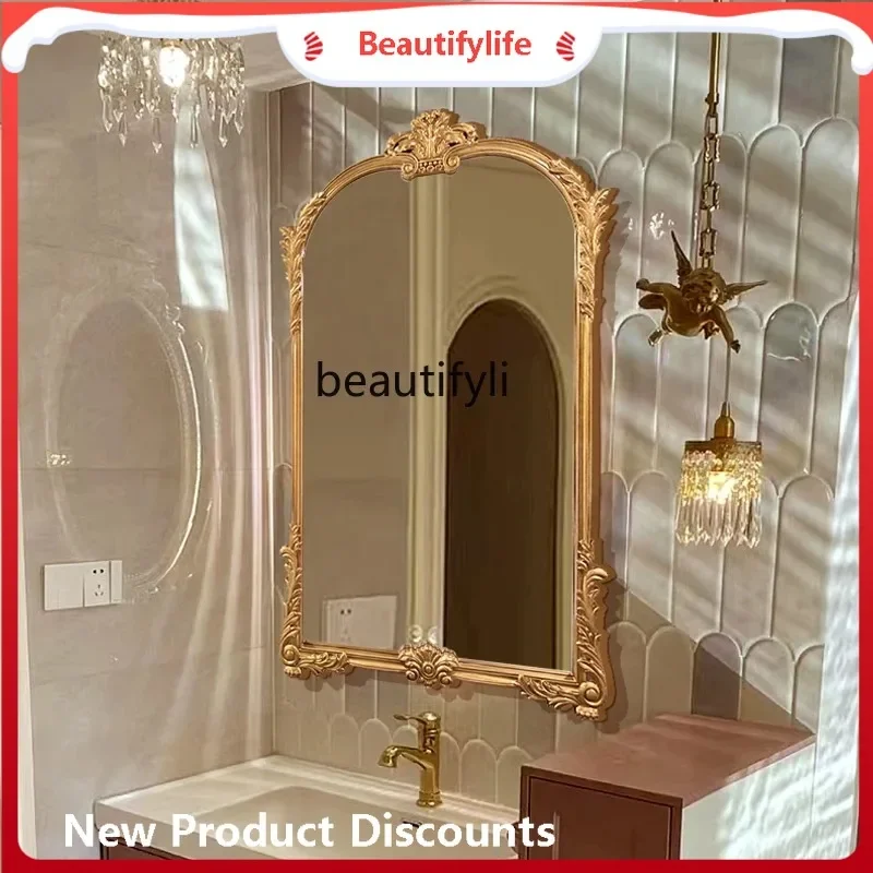 

K185 French Retro Smart Bathroom Mirror European Carved American Style Irregular Wall-Mounted Makeup Mirror