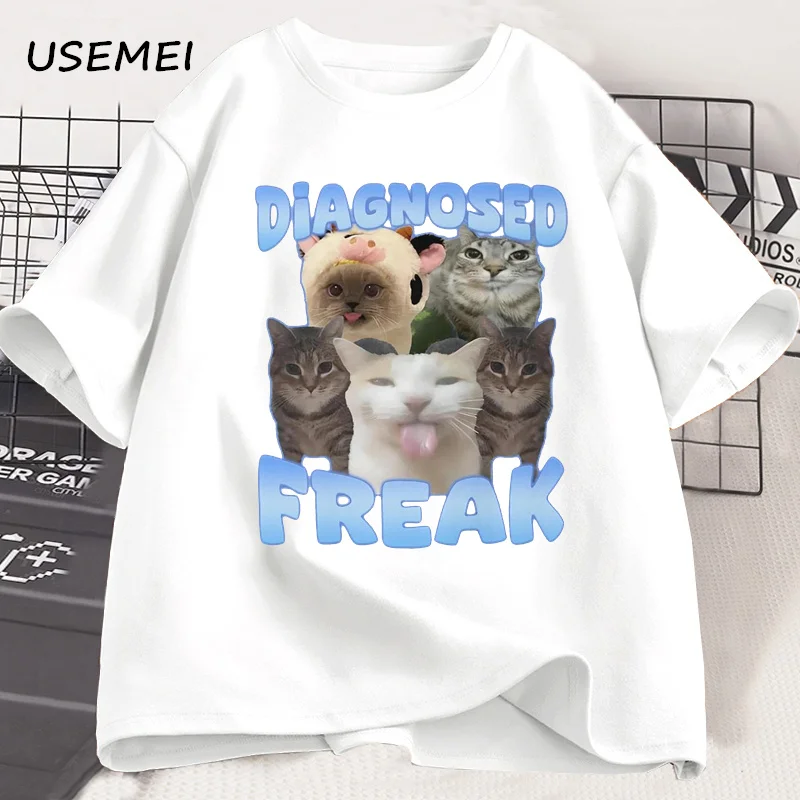 Diagnosed Freak Funny Cat Meme T-shirt Men Women Silly Cat Memes T Shirt Unisex Casual Round Neck Cotton Cat Tee Streetwear Tees