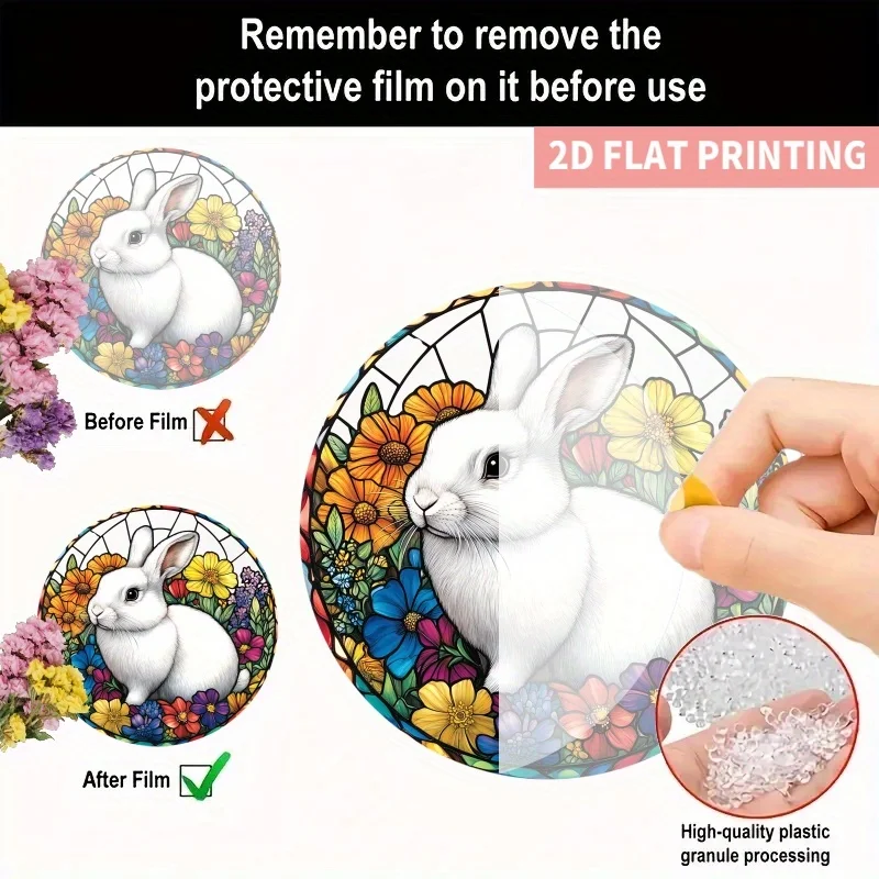 2D Flat Cute Rabbit Sun Catcher | Bohemian Stained -Style Round Acrylic Window Hanging with White Rabbit & Multicolor Floral & F