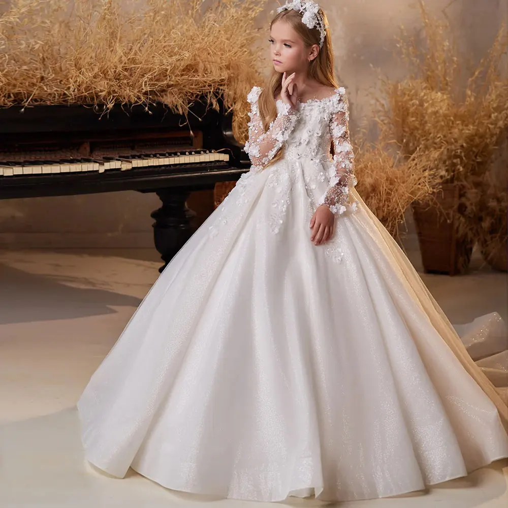 Jill Wish Luxury Wihte Flower Girl Dress 3D FLowers Elegant Princess Kids Wedding Birthday First comunione Party Gown 2024 J268