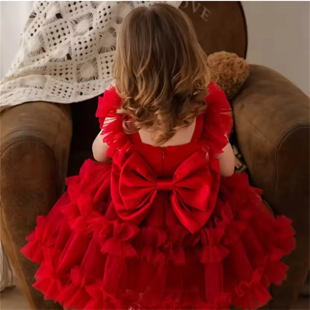 Customized Red Fluffy Baby Girl Birthday Princess Flower Girl Dresses for Weddings Party Pageant Tulle Prom Gown with Train