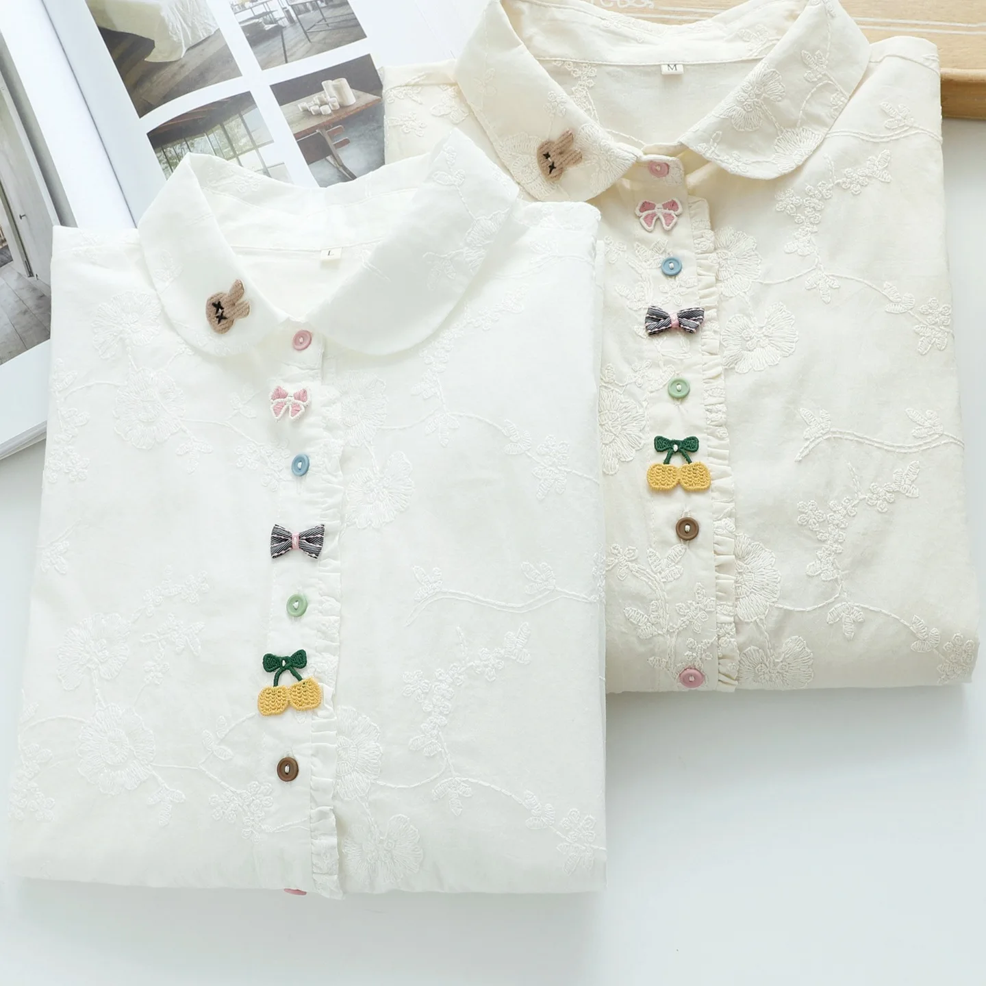 

[Готовый запас] Высококачественная женская блузка из 100% хлопчатобумажной пряжи, рубашка с вышивкой, длинные, милые, довольно шикарные блузки с кукольным воротником, топ