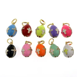 Easter Day Religious Cross Russian Faberge Egg Pink Colorful Enamel CZ Pendant Necklace Gold Plated Women Jewelry Gift Accessory