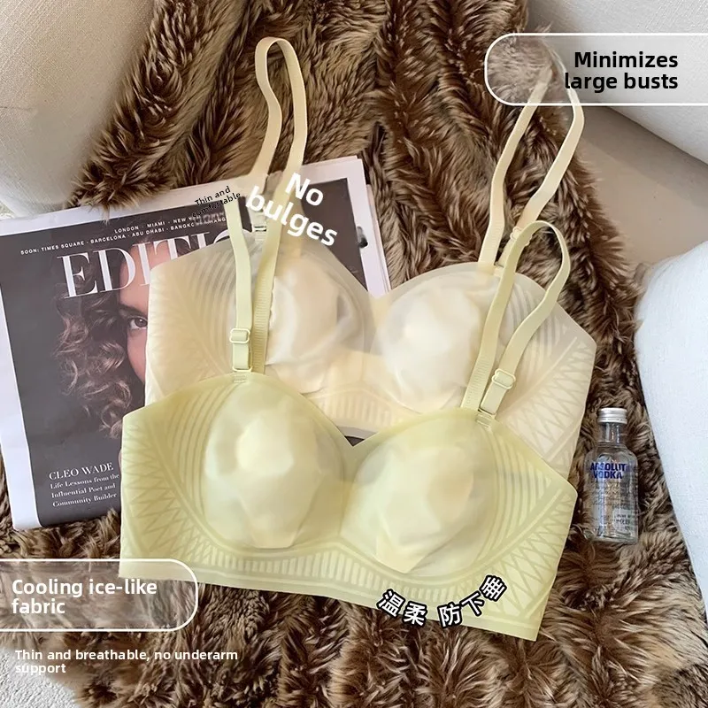 

Breathable Thin Steel Ring Bra Ice Silk Women's Underwear Gathered Soft Support Cool Feeling Summer Design Rabbit Ear Cup
