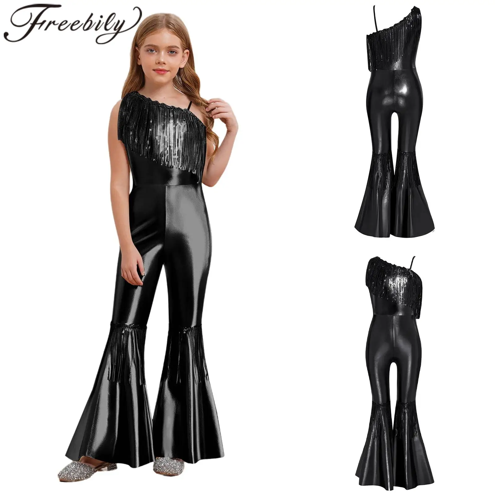 

Kids Fashion Girls Jumpsuit Streetwear Dance Sparkly Hippie Costume 60s 70s Disco Party Outfits Shiny Stage Performance Clothes