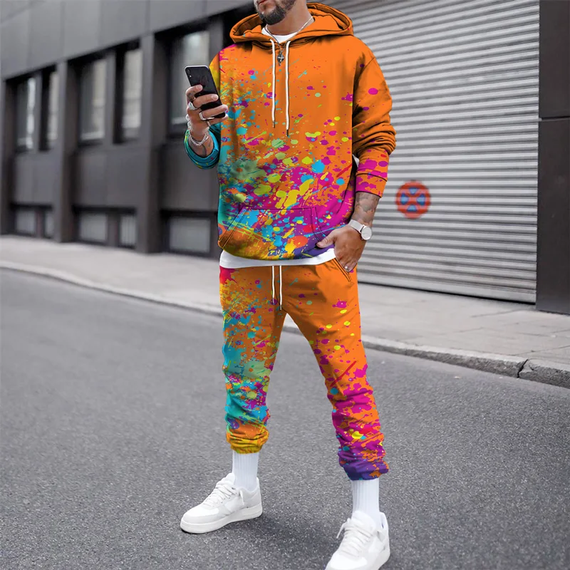 Autumn Winter Male Hoodie Jogging Tracksuit For Men 3D Color Graffiti Mens Hooded Sweatshirt Sets Men Hoodies Two Piece Sets