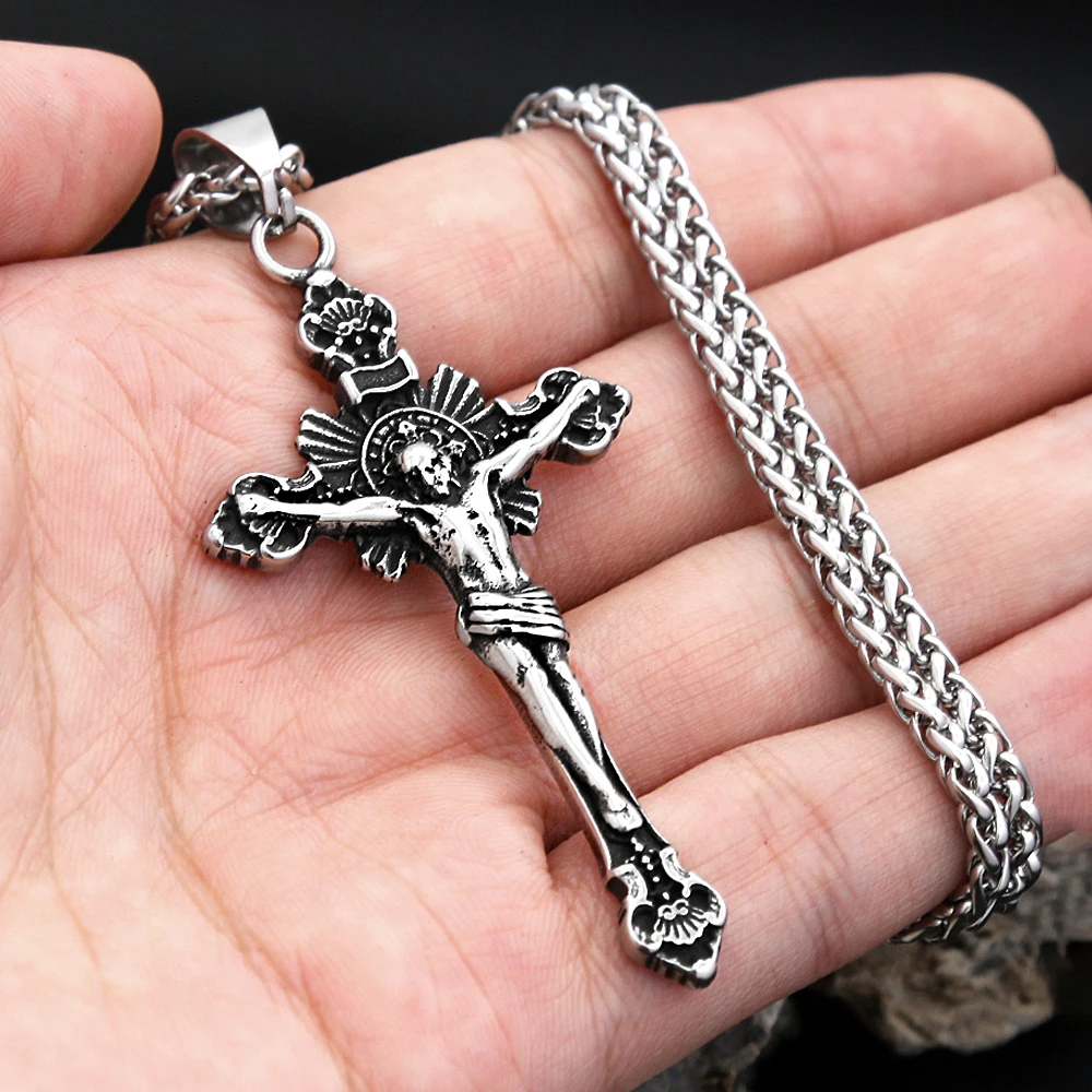 خمر 316L الفولاذ المقاوم للصدأ يسوع الصليب قلادة قلادة للرجال النساء الدين تميمة موضة الهيب هوب مجوهرات هدية ارتداء اليومي