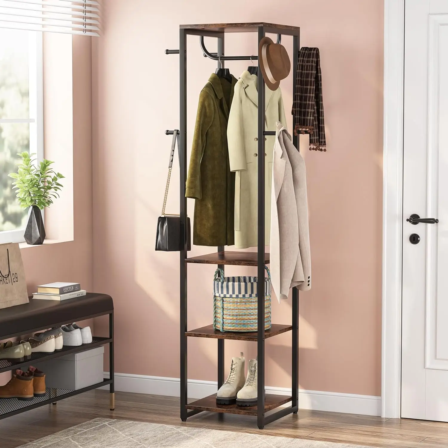 

Coat Rack Freestanding with Shelves,Industrial Hall Tree,Standing Small Clothes Rack Closet Organizer for Entryway