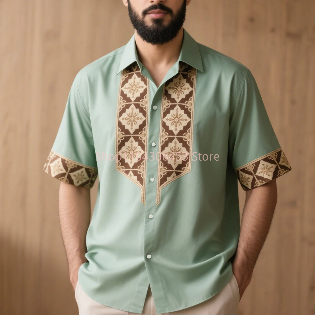 Men's Simple Retro Fashion Ethnic Style 3D Printed Short-sleeved Lapel Shirt Thin Breathable Light Color Business Casual Party