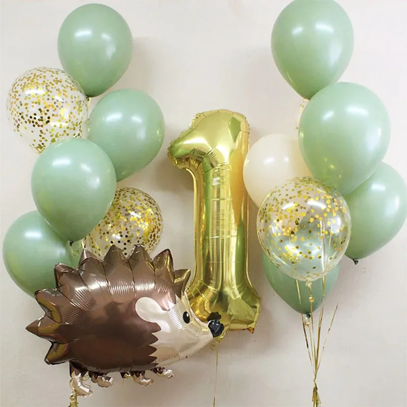 15pcs Gold Number Hedgehog Foil Balloons 1st Birthday Party Decorations Kids Girl Boy First One Year Old Animal Globos Supplies