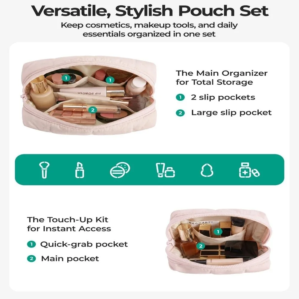 Large & Small Makeup Bag Set Large Capacity Portable Travel Toiletry Bag Puffy Water-resistant Cosmetic Bag for Women