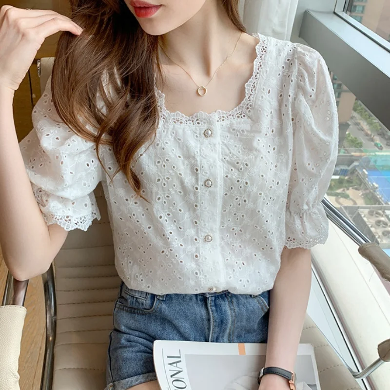 Short Sleeve Lace Hollow Out White Women Blouse Fashion Elegant Summer Vintage Tops Square Collar Shirt