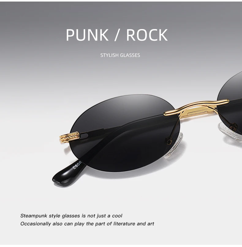 Retro Ovale Sonnenbrille Randlos Herren Blau Verspiegelt Gold Metall Herrenbrille Rund Rahmenlos Damen UV400 – Detail 4