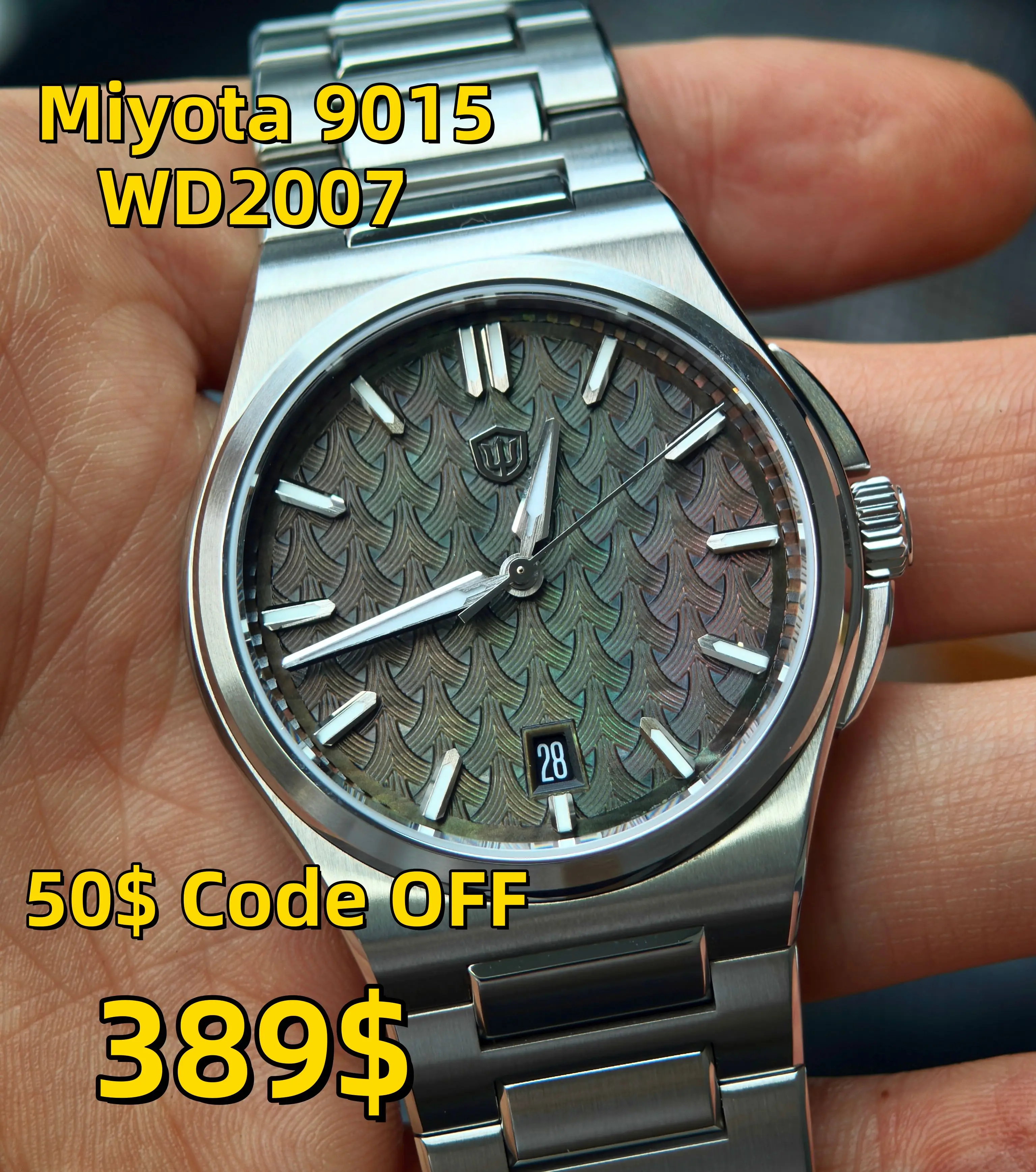 Watchdives WDC WD2007 37.5mm Automatic Watch Miyota 9015 90S5 H-OTF Microadjust Clasp ClearView X Sapphire Integrated Bracelet