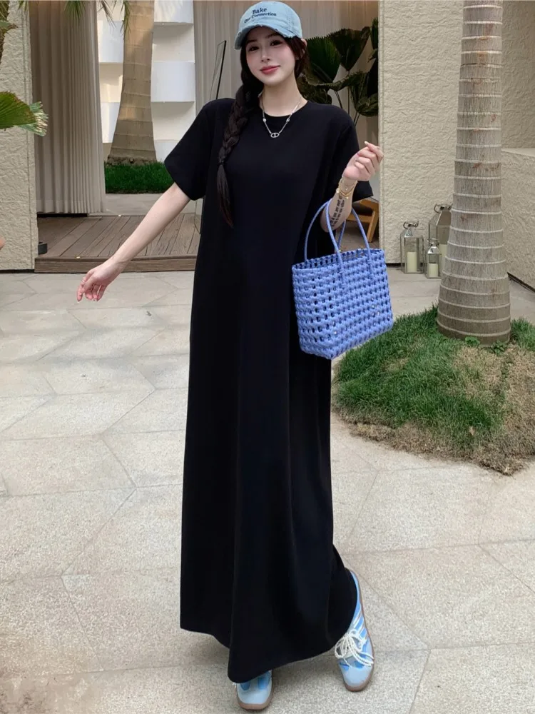 Zomer Oversize Zwarte T-shirt Jurk Vrouwen Koreaanse Losse Split Biglarge Korte Mouw Dames Jurken Lange Vrouw Jurk Vestidos