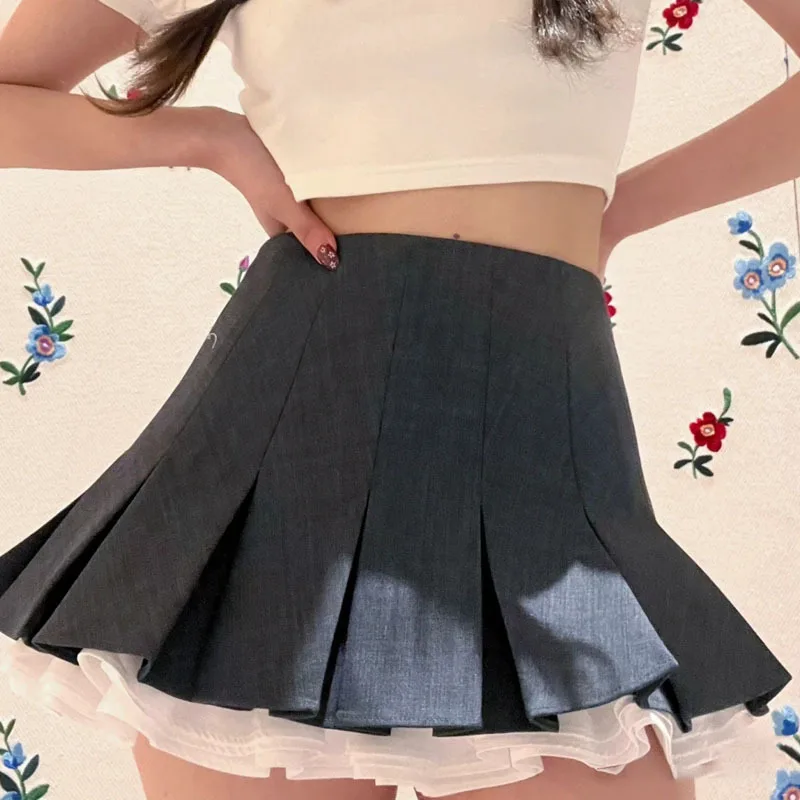 Gray pleated trimmed skirt y2k vintage elegant simple hundred color collision patchwork short skirts for women 2024 spring new