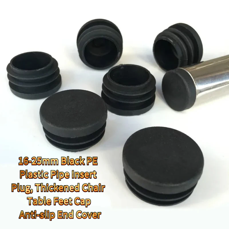 16-25mm Black PE Plastic Pipe Insert Plug, Thickened Chair Table Feet Cap Anti-Slip End Cover Furniture