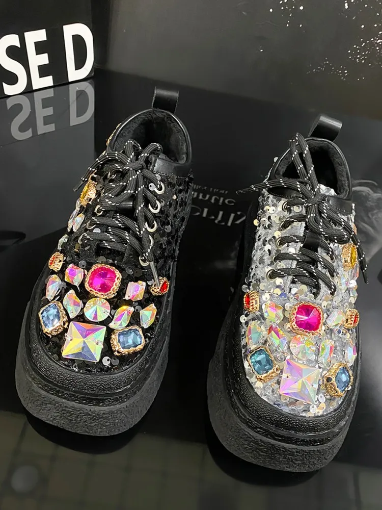 Fashion Women Shiny Diamonds Thick Platform Pumps Lace Up Low Cut Winter Warm Fleece Lining Casual Shoes Skateboard Sneakers