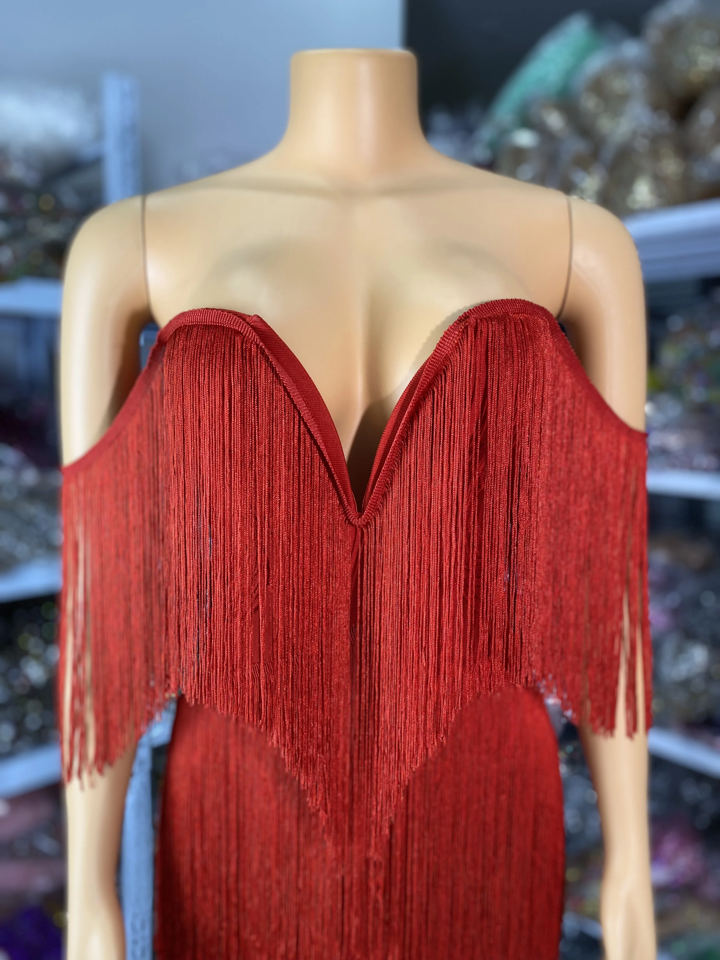 Femmes rouge frangé pansement moulante Mini robe épaules nues broderie célébrité soirée Club robes de soirée discothèque Gogo Costume