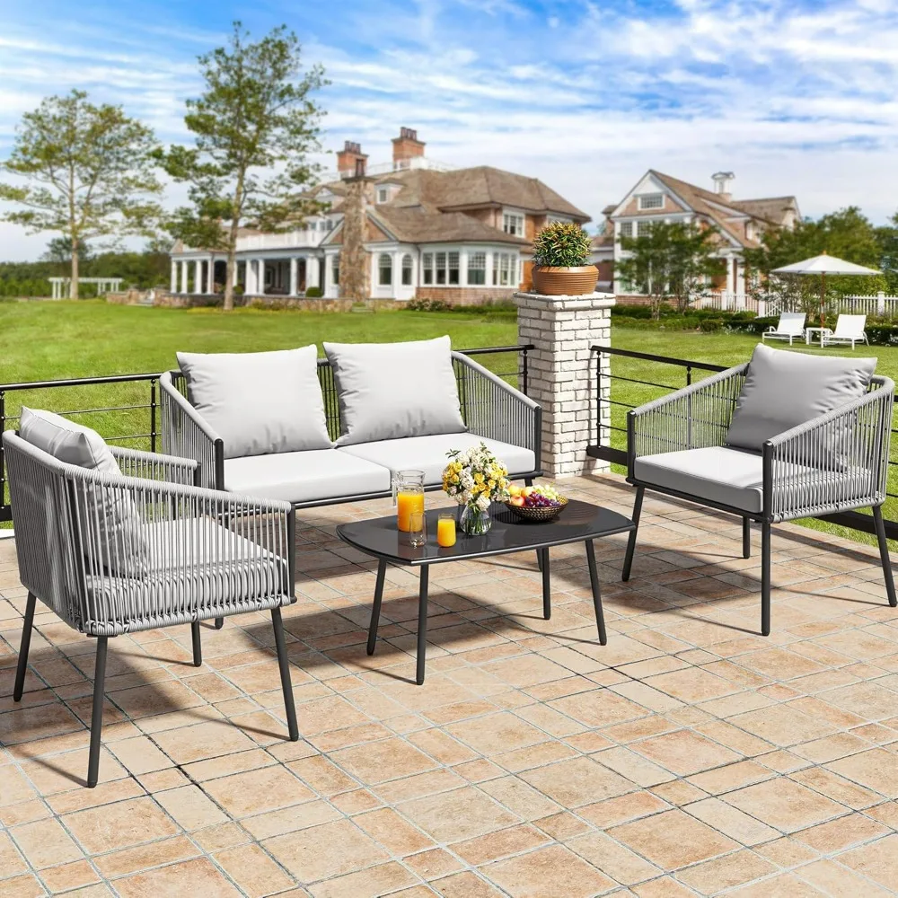 

4-Piece Patio Furniture Outdoor Bistro Set, All Weather Double Gray Rope Conversation Loveseat for Backyard