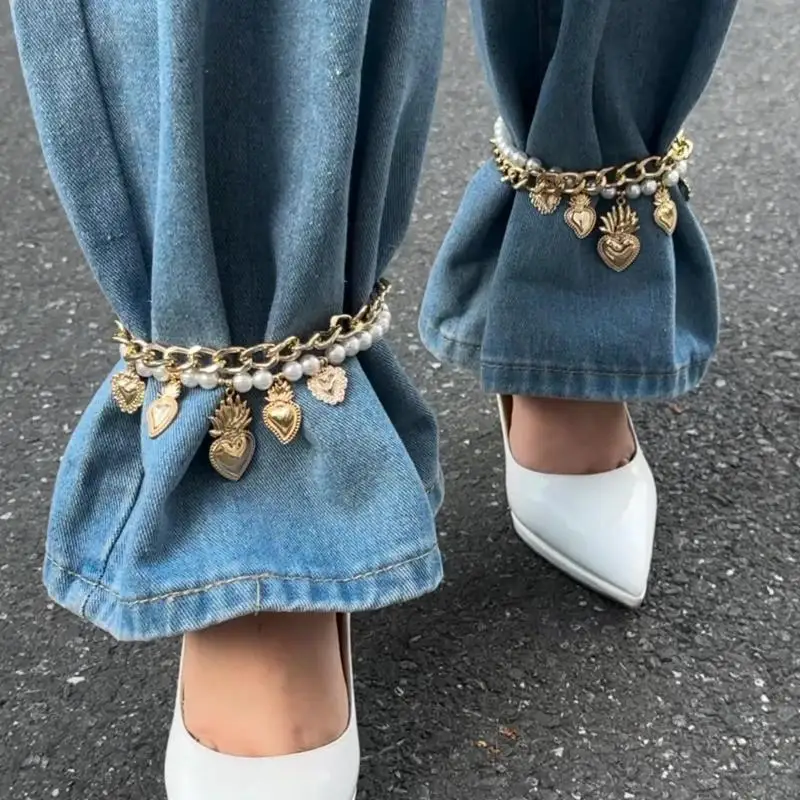 شخصية معدنية تقليد اللؤلؤ القلب سلسلة موضة القدم الكاحل شاطئ مجوهرات الحفلات للنساء فتاة القدم سوار خلخال الهدايا