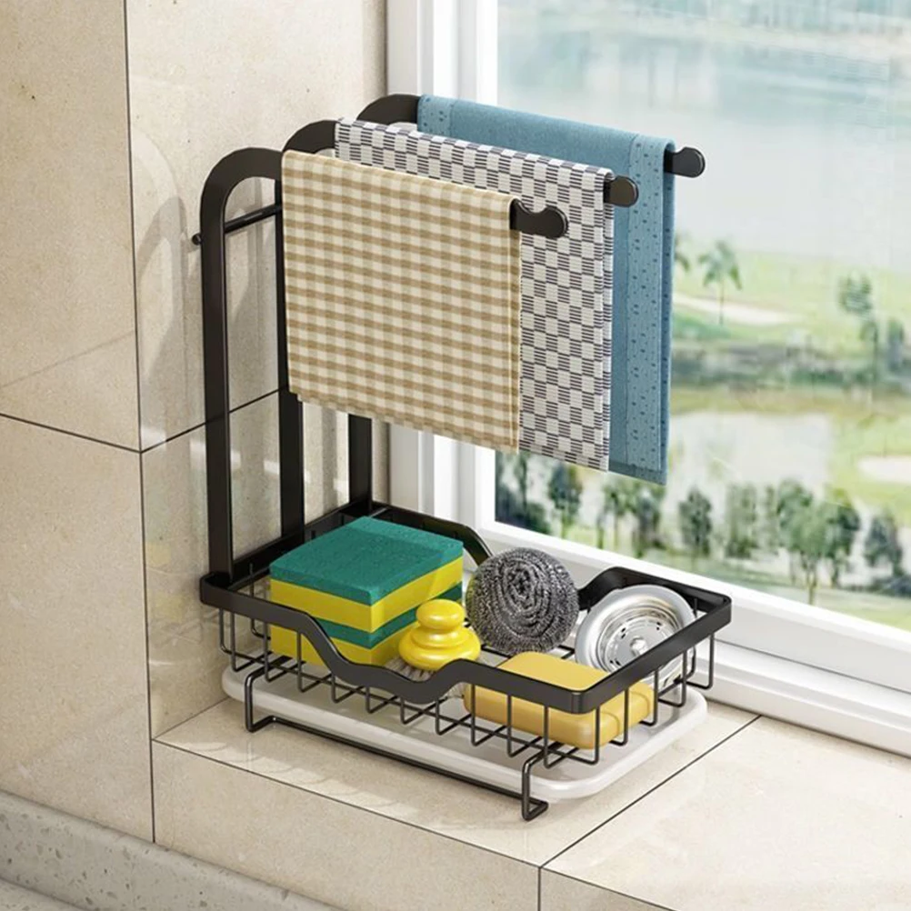 

Kitchen Storage Sponge Holder Sink Drain Shelf Black Countertop Dishcloth Drying Rack Metal Rag Rack Over Sink ganizer Storage