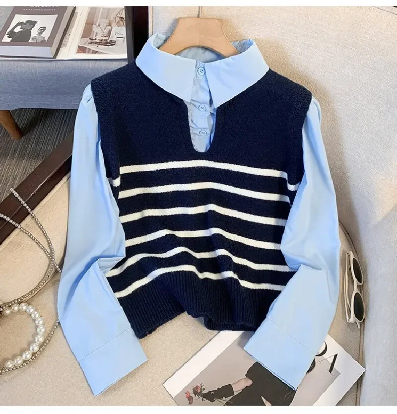 Kemeja Sweater Lengan Panjang Motif Patchwork Bergaris Gaya Korea Atasan Rajut Dua Potong Wanita Musim Gugur Musim Dingin Kasual Kerah Lipat