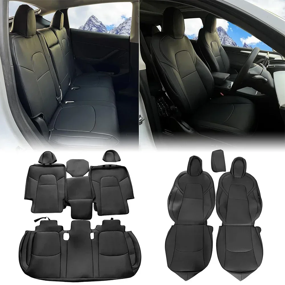 Full Set Car Seat Covers for 2020-2024  Model Y 5-Seat, Black Nappa Leather Front and Rear Seat Cover Cushion Protectors