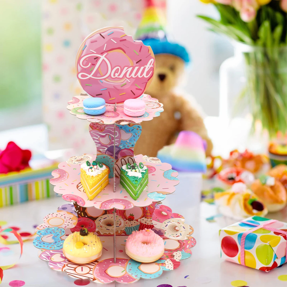 3 Tier Cartoon Donut Happy Birthday Party Cake Display Stand Birthday Cupcake Decoration Baby Shower Party Dessert Cake Rack