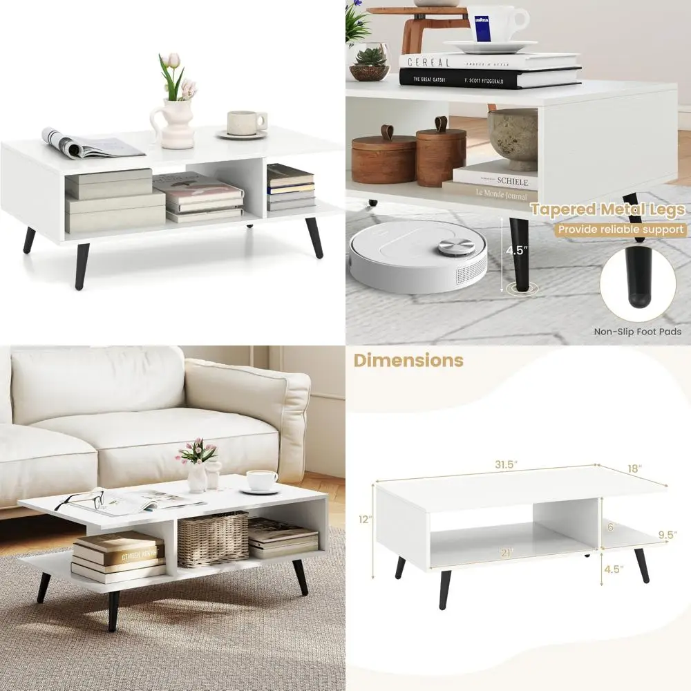 

Mid Century Modern Rectangle Coffee Table with Storage Shelf for Living Room - Open Shelf Design Center Table